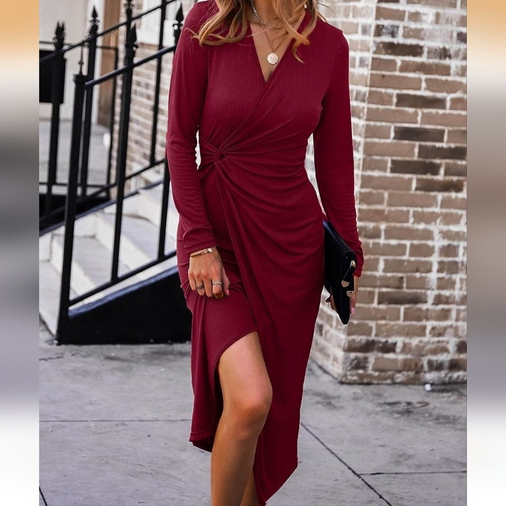 Women's Long Sleeve Dress: Midi Casual V Neck Twist Waist Ribbed Knit Size Large - Picture 4 of 5
